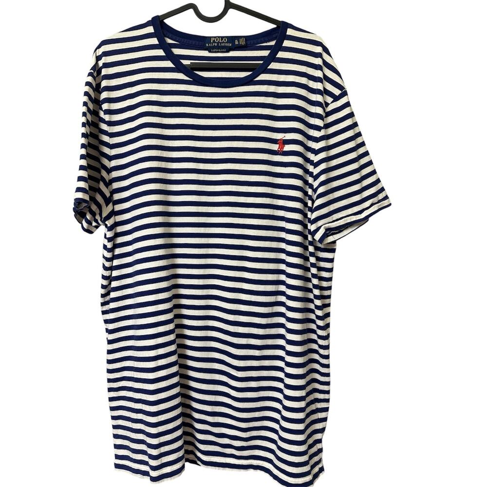 Polo Ralph Lauren Custom Slim Fit Striped T Shirt Men XL Blue White Pony Logo